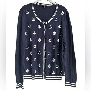 Talbots Navy Button Front White Anchor Cardigan Nautical Extra Large Petite